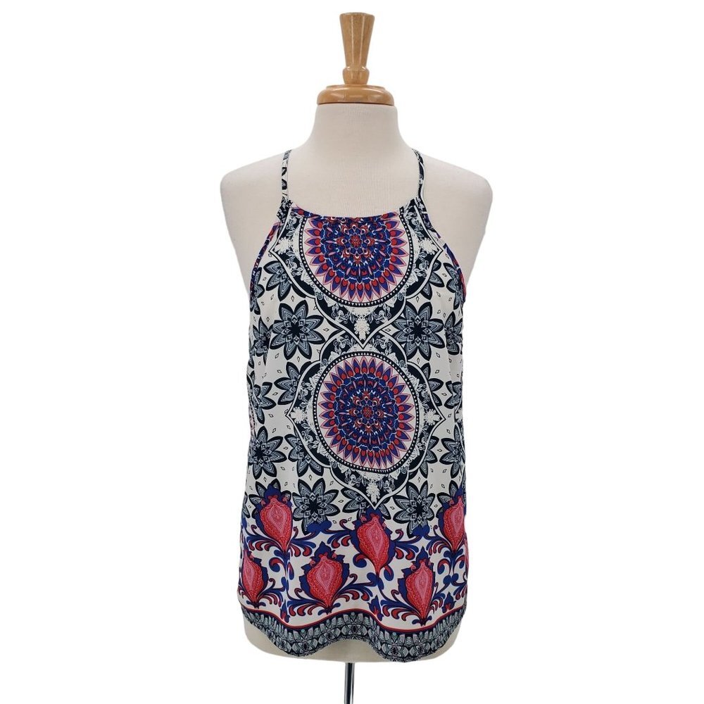 Renee C. Womens Sleeveless Blouse Size L Blue Red Geometric Print Casual Boho